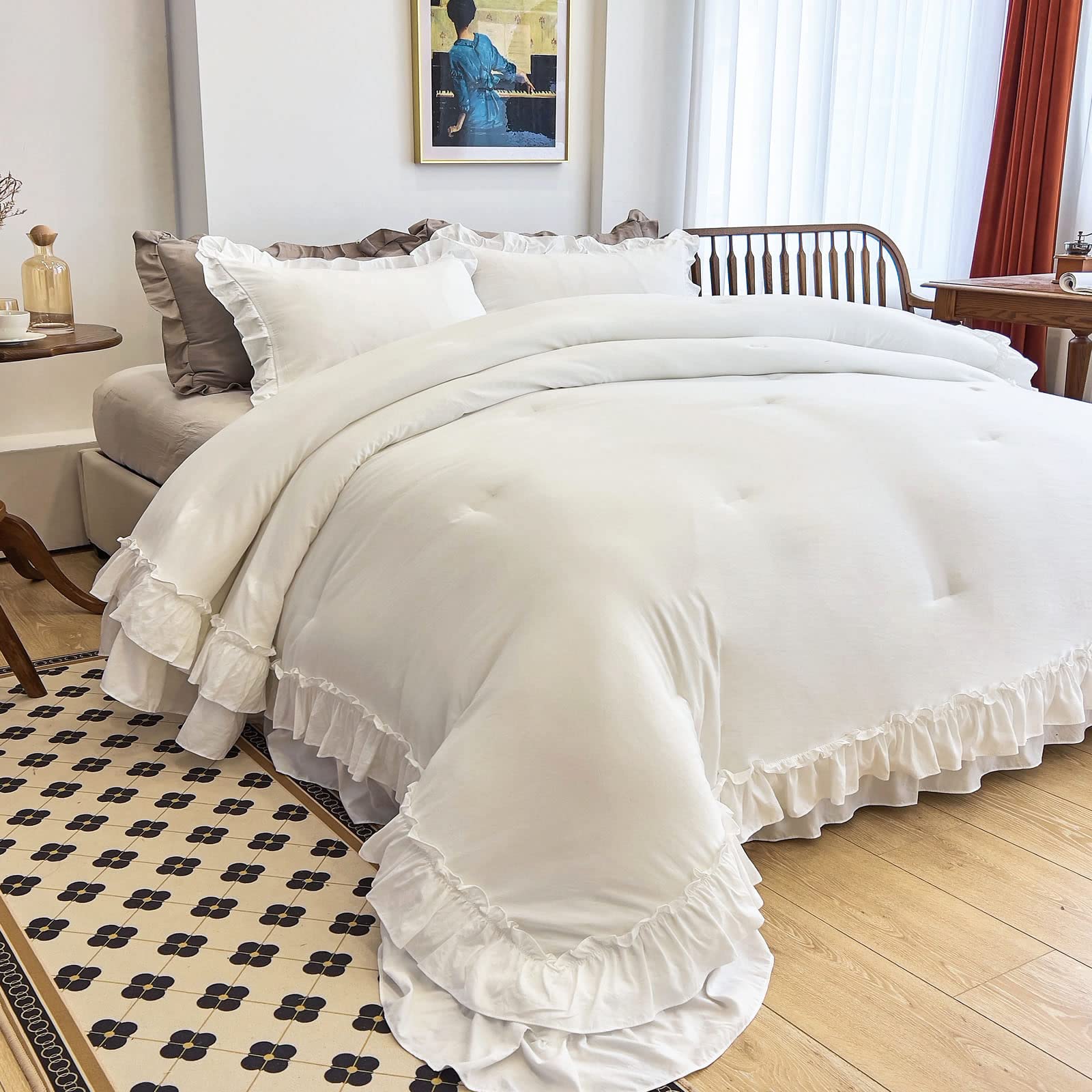Aikasy White Comforters Twin Size Set, Vintage Boho Chic Farmhouse Bedding Sets Shabby Ruffle Queen Bed Comforter Bedding 3Pcs(1